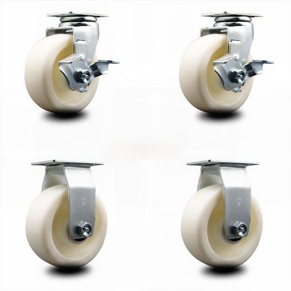 5 Inch Nylon Caster Set with Roller Bearings 2 Brakes 2 Rigid SCC
